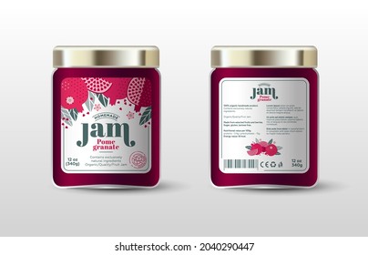 Pomegranate jam. Label for jar and packaging. Whole and cut fruits, leaves and flowers, text, stamp(sugar free).