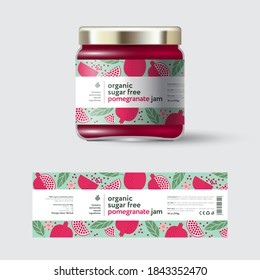 Pomegranate jam label and packaging. Jar with cap with label. White strip with text and on seamless pattern with fruits, flowers and leaves