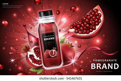 Pomegranate juice ads, delicious bottle juice and fruit with splashing liquid, 3d illustration