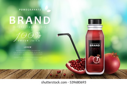 Pomegranate juice ads, delicious juice on wooden table isolated on bokeh background, 3d illustration