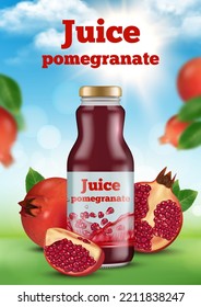 Pomegranate juice. Ads promotional placard with juice liquid healthy products in bottle decent vector pomegranate pictures for poster