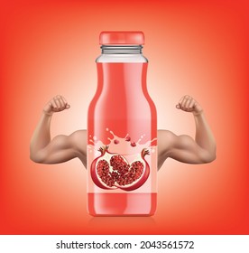 Pomegranate juice bottle have arms showing strong muscles.illustration vector