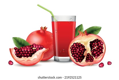 Pomegranate juice concept with orgranic food symbols realistic vector illustration