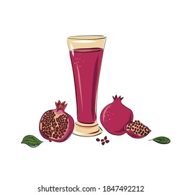 Pomegranate juice fresh hand drawn fruits and glass on white background vector illustration. Sketch and cartoon style for cafes, restaurants and menus.