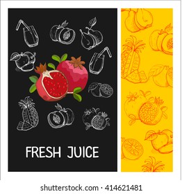 Pomegranate juice. Fruit. Vector illustration. Fruit drawn in chalk on a black Board. Hand drawn vector illustration.