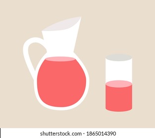 Jugo de granada en la ilustración vectorial plana del frasco de vidrio. Hija de caricatura aislada sobre fondo blanco. Producto orgánico en descafeinador transparente de carafa. Vidrio lleno de bebidas de fruta junto a un barco lleno