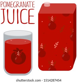 Pomegranate juice. Glass and packaging with sweet fruits. Healthy eating, diet.  Template for postcard or invitation card, poster, print. Vector illustration.
