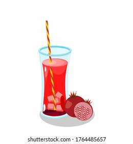 Pomegranate juice and ice in a glass with  ​​sliced vector placed on the side, vector illustration. Isolated On White Background. Idea for making posters, restaurant menus.