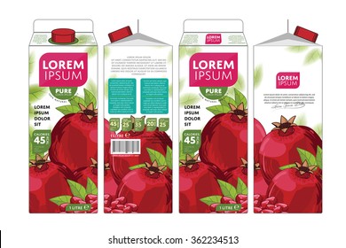 Pomegranate juice pack. Juicy exotic fruit drink cardboard box pack branding design illustration. Pomegranate juice Vector vitamin beverage carton side, front, back view isolated set on white
