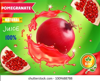 Pomegranate juice package design, garnet fruit in red juice splash ads, 3d illustration