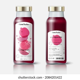 Pomegranate juice packaging. Beautiful transparency whole and cut fruits. Bottle template with face and back labels. 