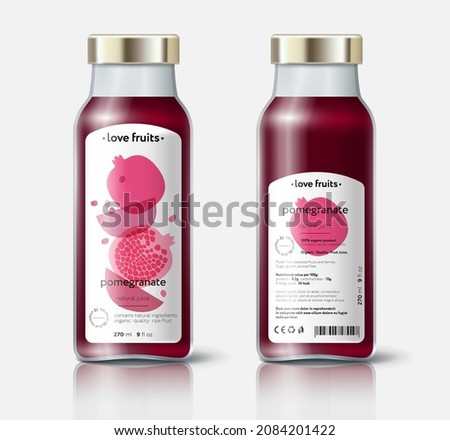 Pomegranate juice packaging. Beautiful transparency whole and cut fruits. Bottle template with face and back labels. 