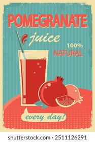 Pomegranate Suco vintage Poster. Verão vetor fresco Suco ilustração com romã vermelha e texto em papel velho vermelho azul Textura de fundo.