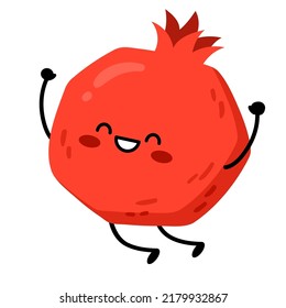 The pomegranate is jumping for joy. Cute cartoon character red pomegranate fruit. Vector illustration, isolated on white background
