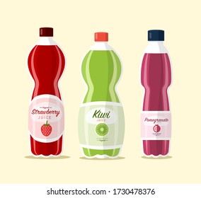 Pomegranate, Kiwi and Strawberry Handmade Juice in Plastic Bottles Vector Illustration