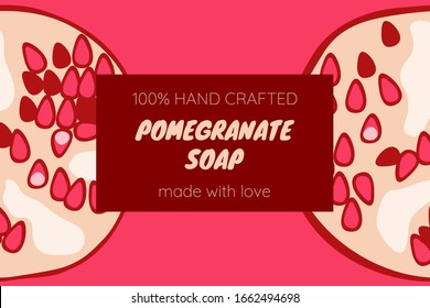 Pomegranate label template for juice or soap package. Product design for organic natural goods. Vector illustration