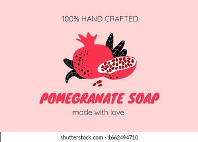 Pomegranate label template for juice or soap package. Product design for organic natural goods. Vector illustration