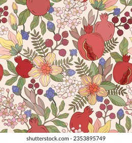 Pomegranate leaf and flowers pattern.