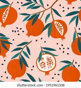 Pomegranate leaf seamless pattern. Red garnet seamless pattern vector illustration. Vector illustration of pomegranate fruit. Garnet vector.