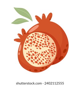 Pomegranato con hojas, limosa ilustración vectorial sobre fondo aislado. Frutos de temporada, concepto de alimentos saludables con vitamina