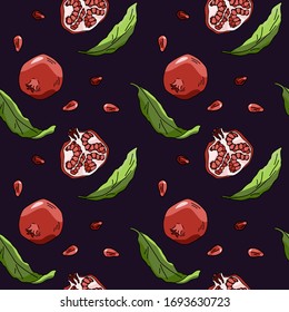 Pomegranate with leaves on violet backdrop. Fruit seamless pattern for wallpaper, wrap paper, sleeper, bath tile, apparel or bed linen. Phone case or cloth print. Drawn style stock vector illustration
