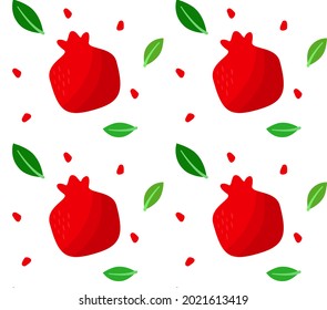 Pomegranato con hojas y semillas sin soldadura vectorial aislado sobre fondo blanco. Diseño para envolver papel, jugo de ajo, cosméticos, textil, decoración, diseño, papel envolvente, papel tapiz.