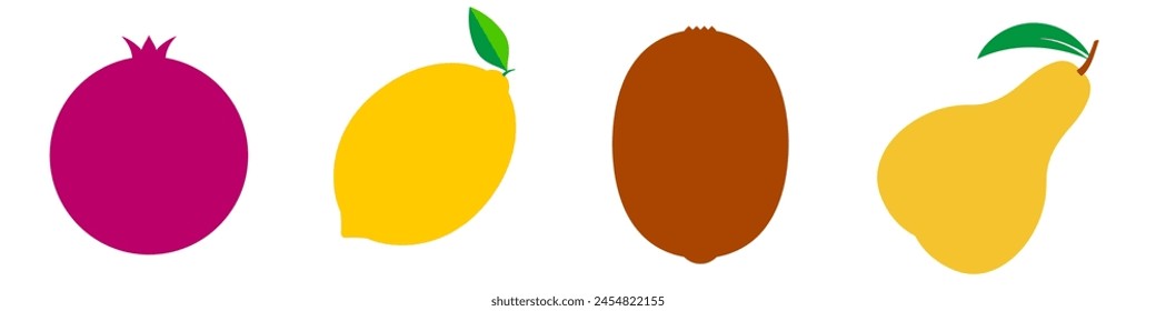 Pomegranate, lemon, kiwi, pear. Several fruits in a row in peel and with leaves. Flat vector illustration isolated on white background.