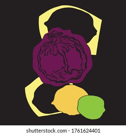 Pomegranate and lemons on a black background. Vector illustration for prints for clothes, greeting cards and emblems.
