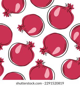 Pomegranate line doodle style pattern. Seamless pomegranate outline pattern.