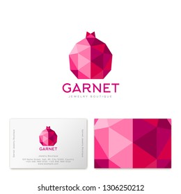 Pomegranate logo. Pomegranate fruit are similar to crystal. Identity, corporate style. Business card. Crystal pattern.