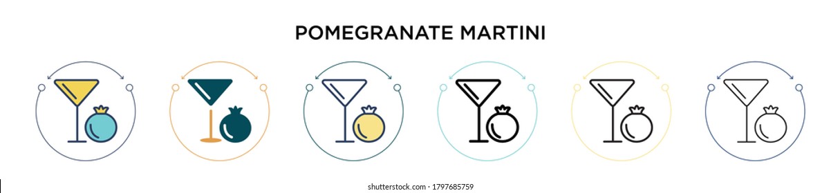 Pomegranate martini icon in filled, thin line, outline and stroke style. Vector illustration of two colored and black pomegranate martini vector icons designs can be used for mobile, ui, web
