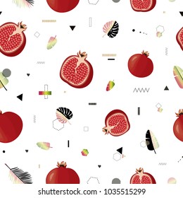 Pomegranate.  Modern vector seamless pattern with cute  fruits and leaves. All elements  are  hidden under mask. Pattern are not cropped and can be edited