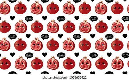 Pomegranate. Modern vector seamless pattern with cute  fruit characters. All elements  are  hidden under mask. Pattern are not cropped and can be edited