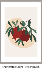 Pomegranate on a branch with leaves. Template with abstract composition of simple shapes and fruits. Minimalism, Pastel earthy colors. Vector banners for postcards, wall art and social media covers.