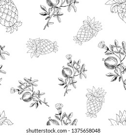 Pomegranate on branch and pineapples. Seamless pattern.  Hand drawn vector illustration.