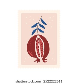 Pomegranate on branch stamp. Juicy cracked fruit retro sticker. Vector hand drawn illustration