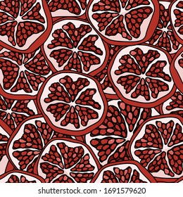 Pomegranate on transparent backdrop. Exotic seamless pattern for wallpaper, wrapping paper, sleeper, bath tile, apparel or bed linen. Phone case or cloth print. Drawn style stock vector illustration