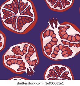 Pomegranate on violet backdrop. Granate cut seamless pattern for wallpaper, wrapping paper, sleeper, bath tile, apparel or bed linen. Phone case or cloth print. Drawn style stock vector illustration