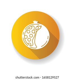 Pomegranate orange flat design long shadow glyph icon. Natural exfoliant. Sliced fruit with seeds. Shana tova. Nourishing treatment component. Smoothie ingredient. Silhouette RGB color illustration