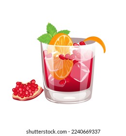 Pomegranate orange punch.Festive cocktail with pomegranate, orange, mint.Vector illustration.