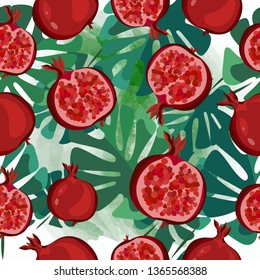 Pomegranate palm leaf seamless pattern. Red  garnet seamless pattern vector illustration. Vector illustration of pomegranate fruit. Garnet vector.