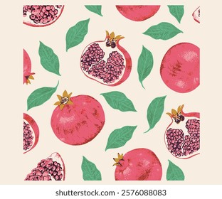 Pomegranate pattern artwork. Fresh pomegranate fruit print. Fruits of the spirit. Fresh food artwork for for t shirt. Always organic. Summer food poster design. Hand sketch artwork.