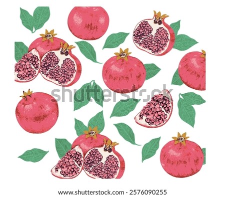 Pomegranate pattern artwork. Fresh pomegranate fruit print. Fruits of the spirit. Summer food poster design. Hand sketch artwork.