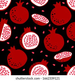 Pomegranate pattern. Fruit seamless background. Repeat design for wallpaper, fabric and digital paper. Whole and half fruit drawing. Simple cute illustration in cartoon flat style.