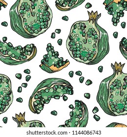 Pomegranate pattern green on white background. 