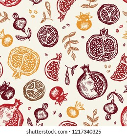 Pomegranate pattern. Hand drawn botanical illustration. Engrawing pomegranate fruits, flowers, leaves. Vintage print. Vector illustration