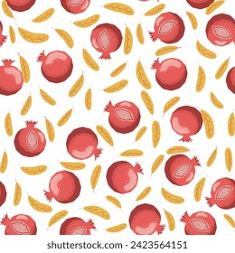 Pomegranate pattern, Happy and sweet New Year Shana Tova with pomegranates and seeds on pomegranate pattern
