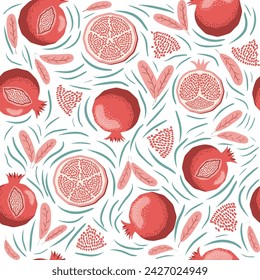 Pomegranate pattern, Happy and sweet New Year Shana Tova with pomegranates and seeds on pomegranate pattern