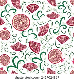 Pomegranate pattern, Happy and sweet New Year Shana Tova with pomegranates and seeds on pomegranate pattern