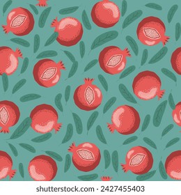 Pomegranate pattern, Happy and sweet New Year Shana Tova with pomegranates and seeds on pomegranate pattern